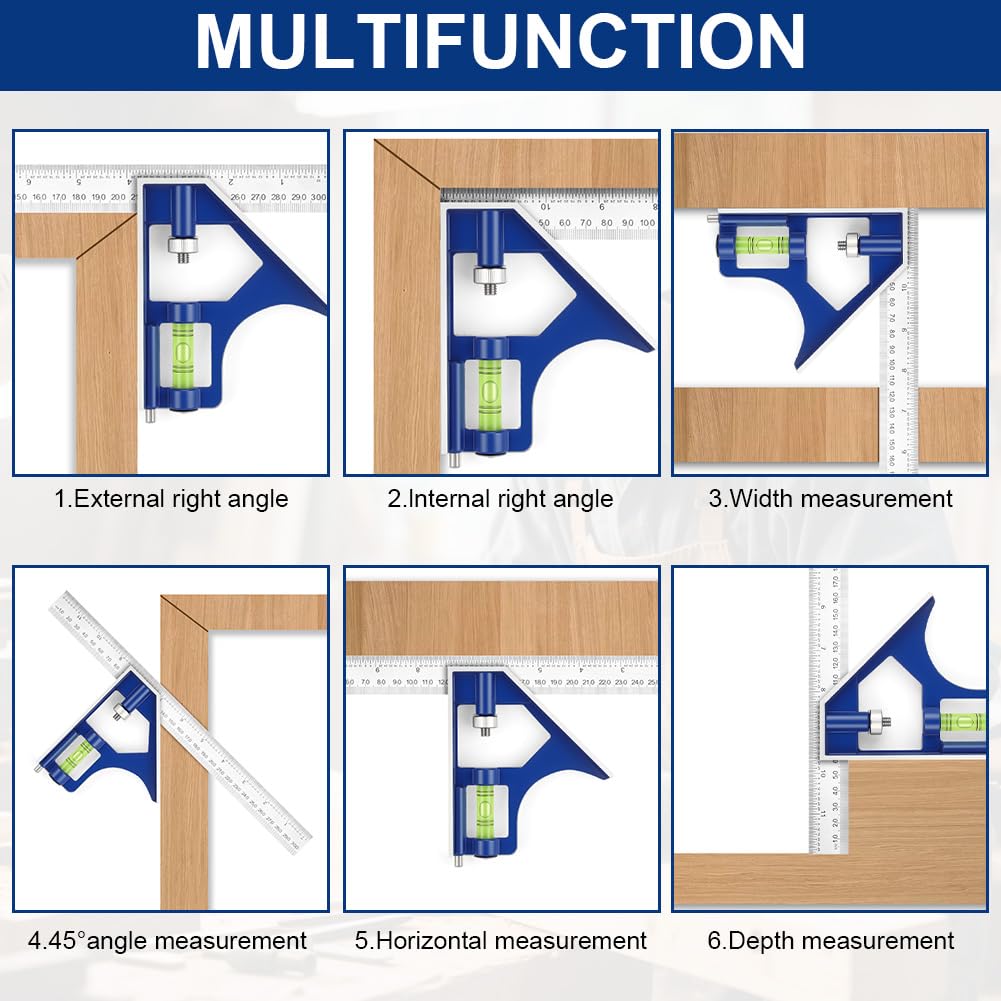 flintronic 150mm+300mm Combination Square Set, Stainless Steel Angle Ruler, with Built in Spirit Level & Marker Pins - Image 6