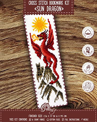 Image of Povitrulya Sun Dragon Mini Counted Cross Stitch Kit - Professional Artist Pattern - Small Bookmark Embroidery Set for Adults - High Definition 16 Count Aida - Frustration-Free Stitching (No Confetti)