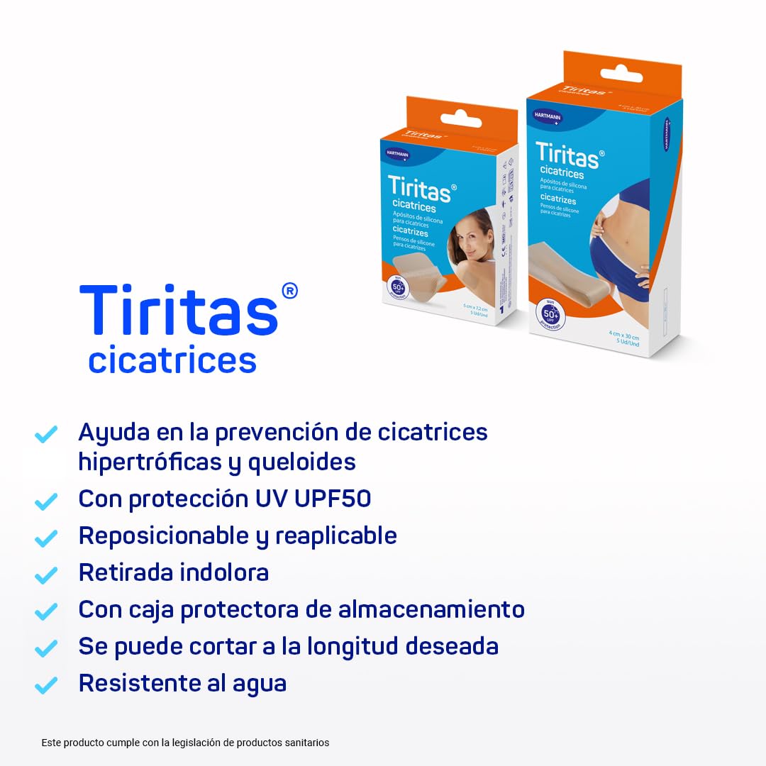 Tiritas Cicatrices, Apósito de Silicona, Previene y Trata Cicatrices Lineales, Hipertróficas y Queloides durante la Curación, Protección Solar FPS 50+, 4x30cm, 5uds