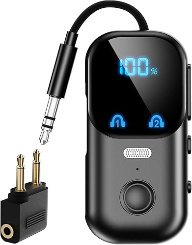 Receptor transmisor Bluetooth 5.4 aptX adaptativo para 2 AirPods/auriculares, adaptador de audio Bluetooth 2 en 1 con micrófono y pantalla LED para
