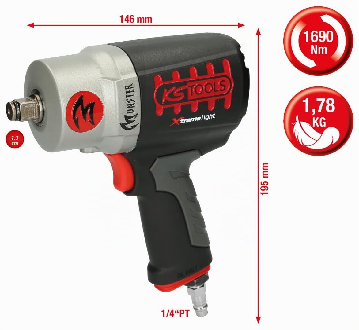 KS TOOLS 515.1095 Clé à choc pneumatique 1/2'' - Boulonneuse à choc haute | Clé à choc pneumatique 1/2'', puissance 1200 Nm, 1,78 kg, haute performance