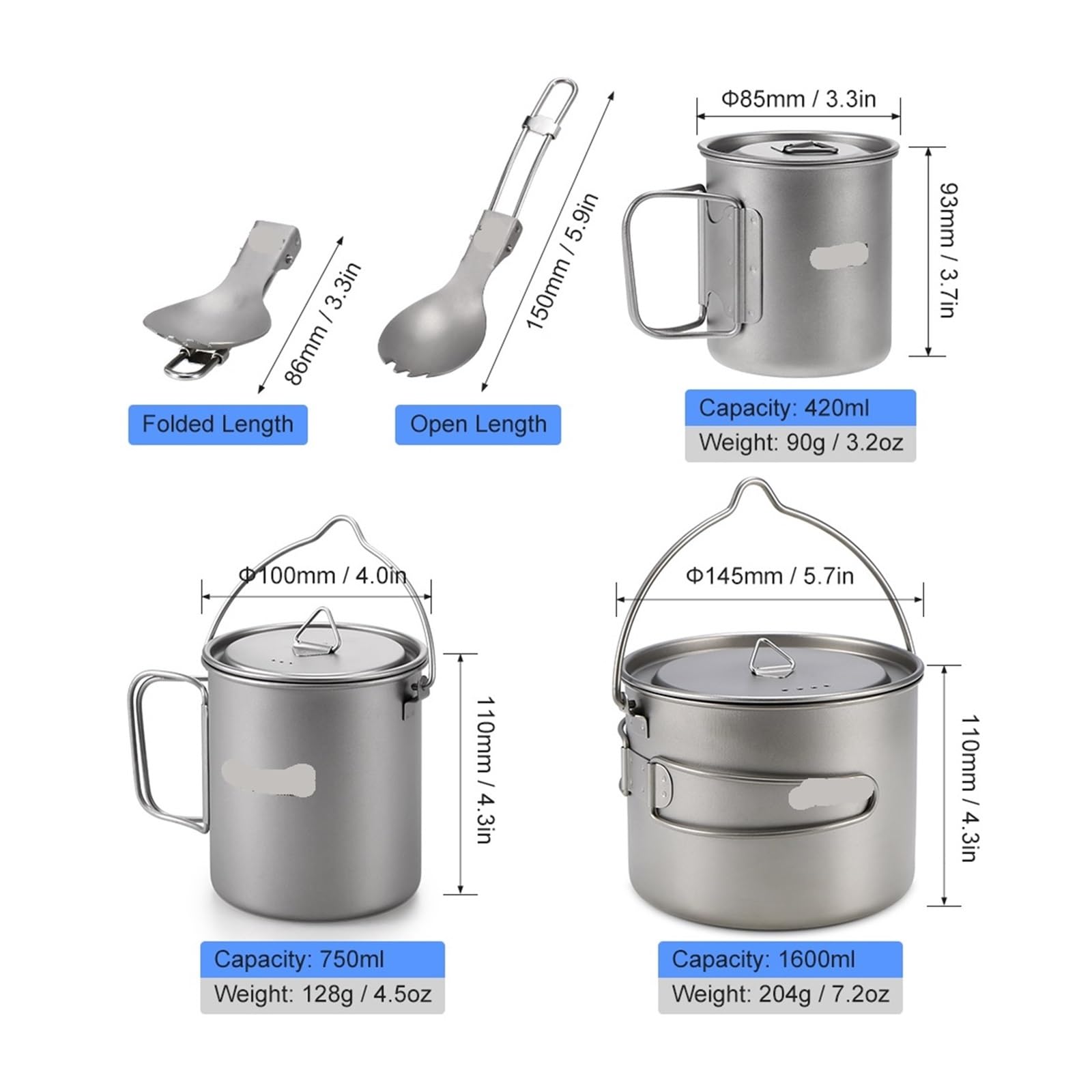 Generico Compatibile con Vaso da 900 ml/1600 ml Ultraleggero Portatile Appendere Coperchio e Manico Pieghevole Campeggio Esterno Escursionismo Zaino in Spalla