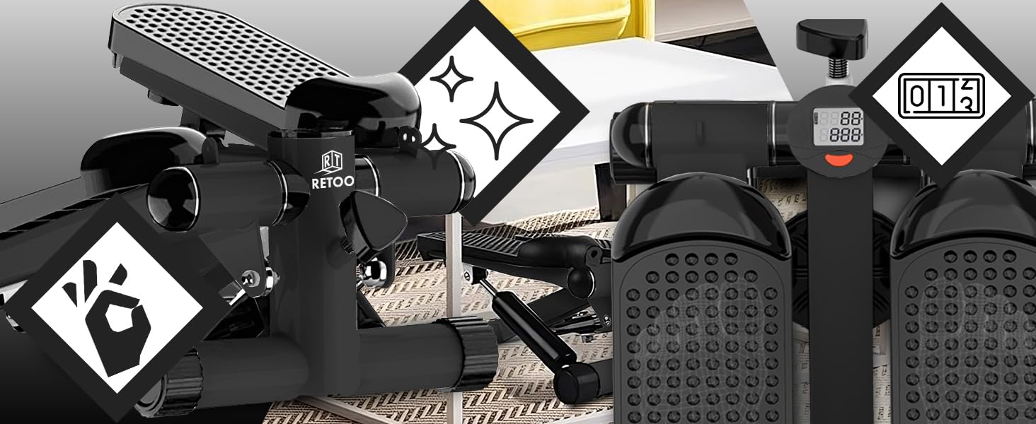 Retoo Stepper für Zuhause mit LCD Display & Widerstandsbändern, Stepper bis 100 kg, Ganzkörpertraining für Beine & Arme, Kompaktes Fitnessgerät mit Hydrauliksystem, Schwarz