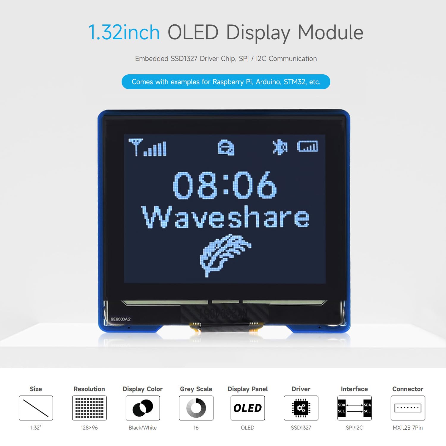Waveshare 1.32inch OLED Display Module Compatible with Raspberry Pi, 128×96 Resolution, 16 Gray Scale, SPI / I2C Communication
