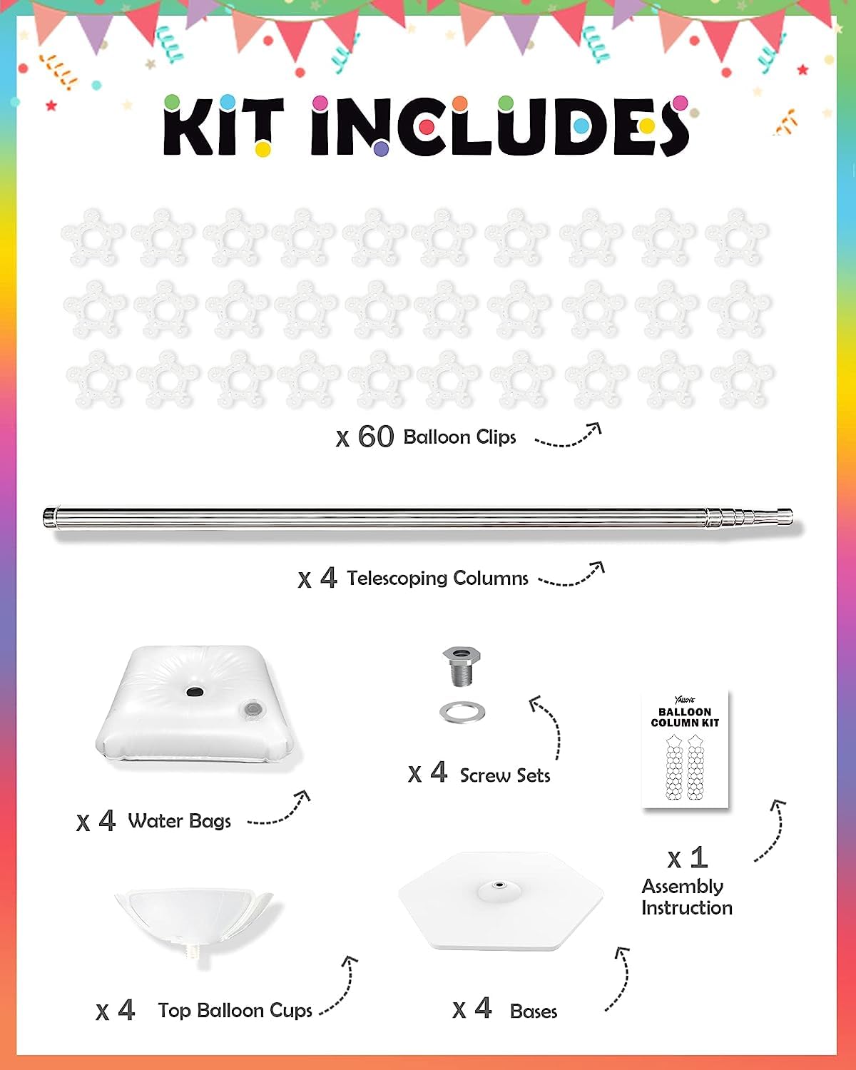 YALLOVE Kit di supporto per colonna per palloncini, 4 set da 2m di altezza, regolabile, con design non monouso telescopico in metallo riutilizzabile, baby shower, decorazioni per feste di laurea