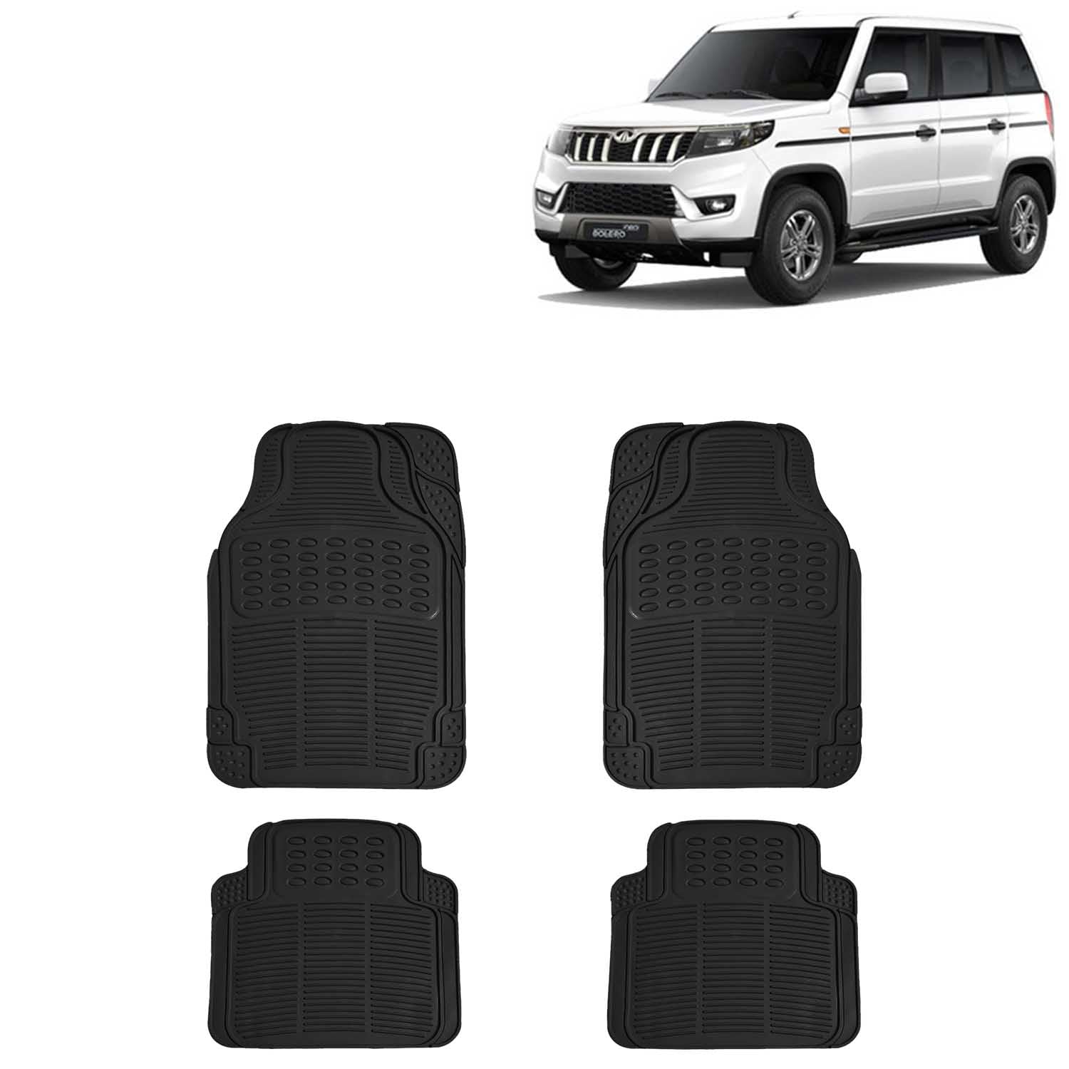 KINGSWAY® Anti-Skid Rubber Car Floor Mat Compatible with Mahindra Bolero Neo, (Year 2021 Onwards), PVC Car Foot Mats with Anti Tear Technology, Automotive Floor Mats, Set of 4 Pieces, Black