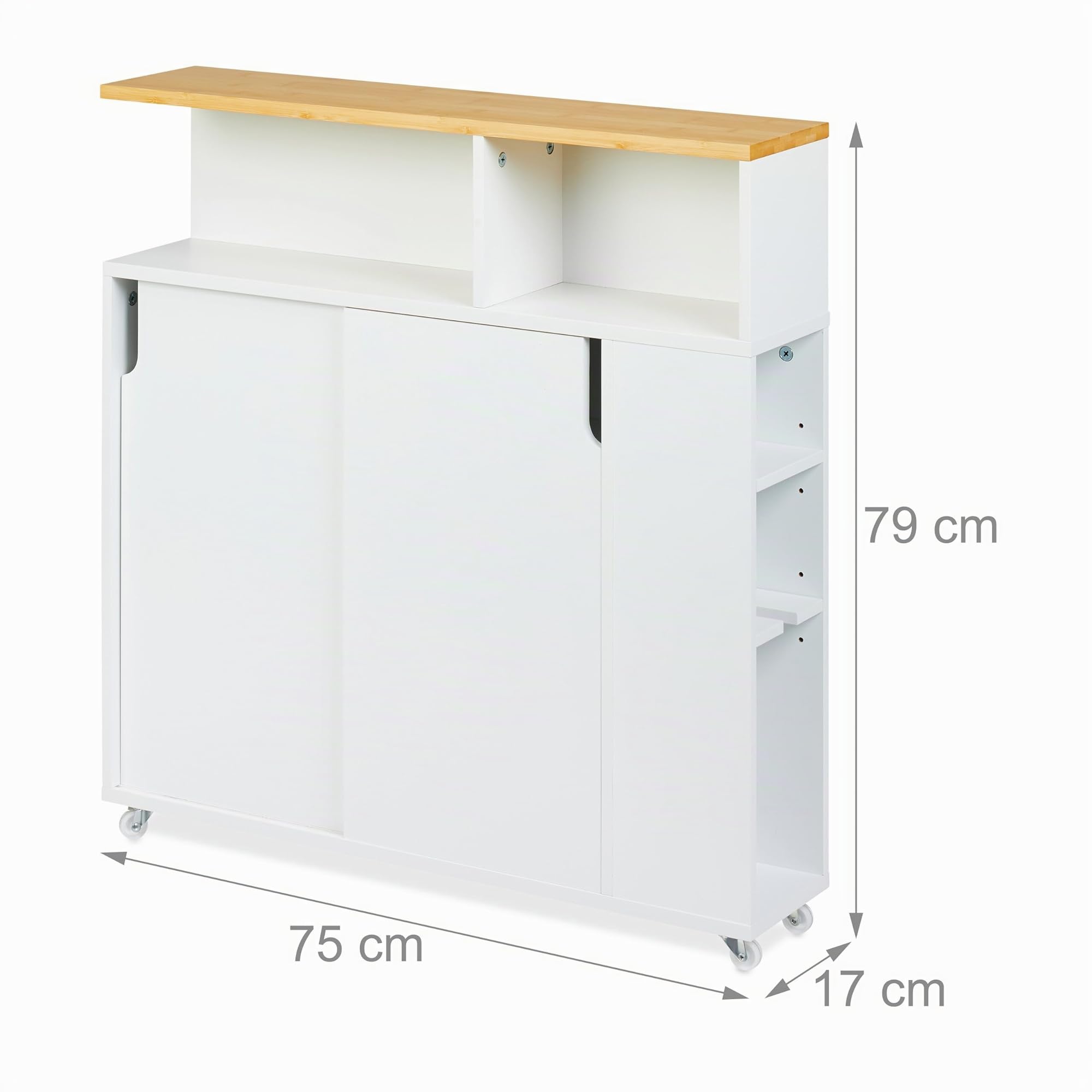 Relaxdays Carrito Auxiliar Estrecho, 6 Compartimentos, Portaescobillas, 79x17x75 cm, Baño, MDF, Bambú, Blanco/Natural