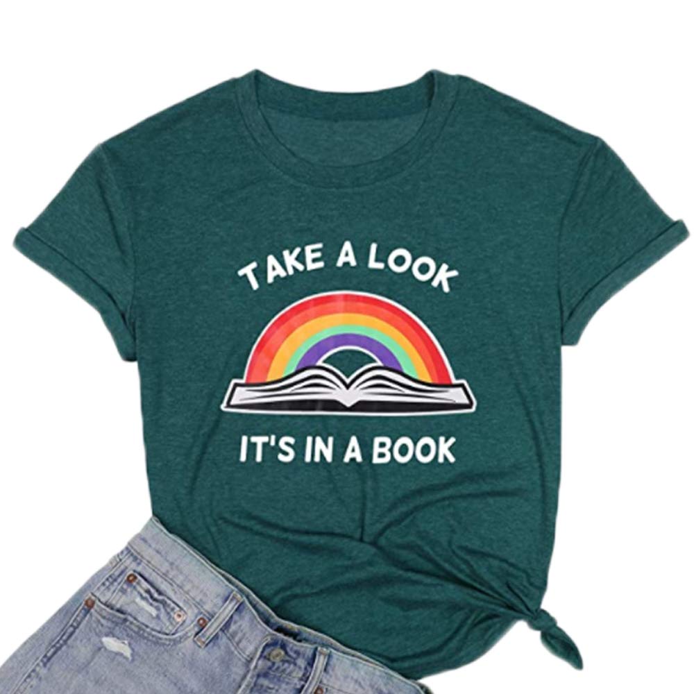 Calvin&SallyTake A Look Its in A Book T-Shirt Women Cute Book Lover Gift Teacher Shirt Reading Top Funny Letter Print Rainbow Graphic Tee