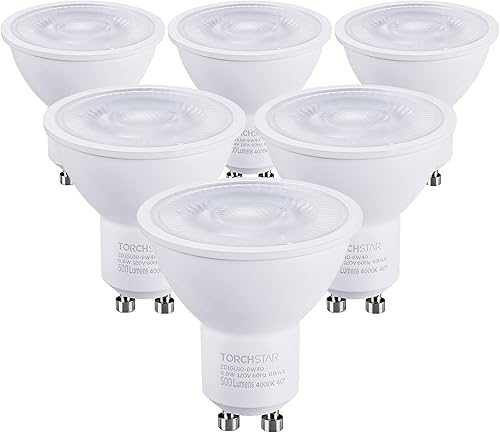 TORCHSTAR Bombillas LED GU10 regulables, 500 lúmenes, equivalente a halógeno de 50 W, blanco frío de 4000 K, ángulo de haz de 40 para iluminación