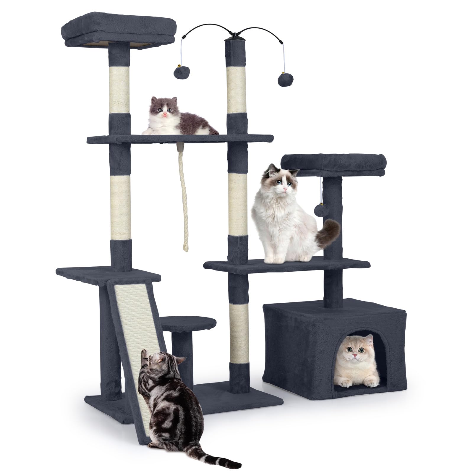 COSTWAY Cat Tree, 136cm Tall Multi-Layer Cats Tower with 2 Padded Perches, Large Condo, Sisal Scratching Posts, Ramp, Dangling Balls & Hanging Rope, Kitten Activity Center for Indoor Cats (Dark Grey)