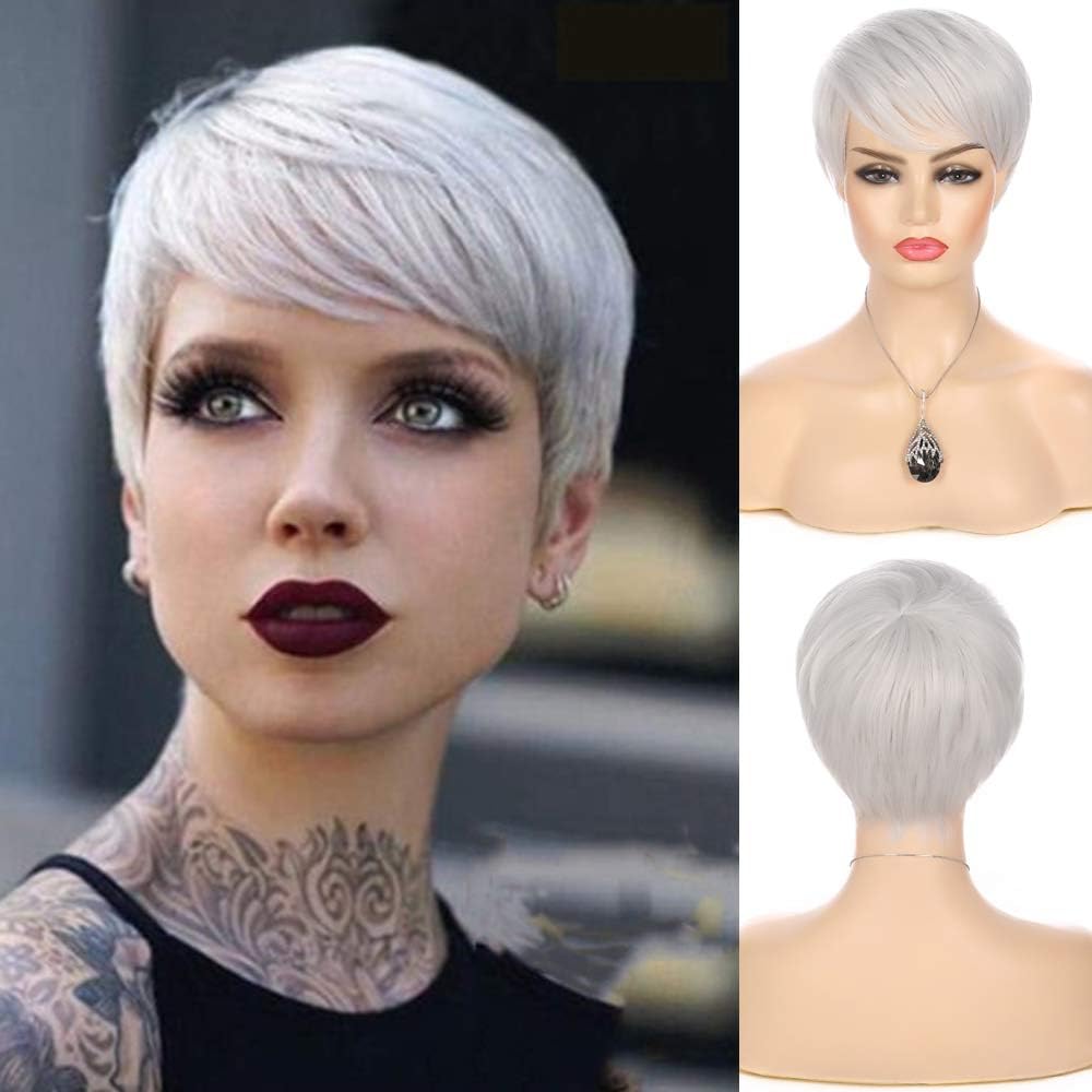 Silver Grey Wigs Short Hair Pixie Cut Straight Wig