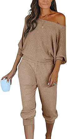 PRETTYGARDEN Women's 2 Piece Ribbed Tracksuit Outfits Off Shoulder Long Sleeve Pullover Long Pants with Pockets
