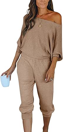 PRETTYGARDEN Women's 2 Piece Ribbed Tracksuit Outfits Off Shoulder Long Sleeve Pullover Long Pants with Pockets