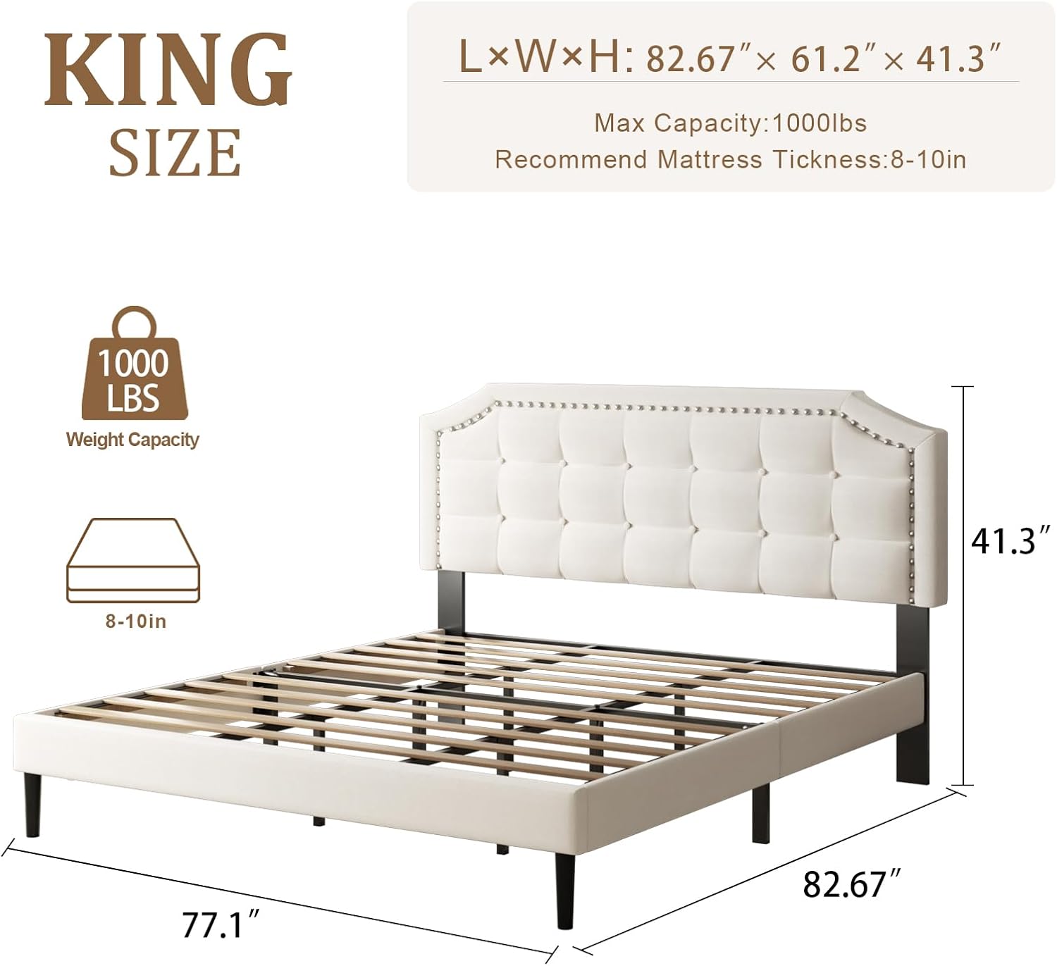 King Size Bed Frame, King Size Platform Bed Frame with Upholstered Button Tufted Headboard, Strong Wood Slats, No Box Spring Needed, Mattress Foundation, Easy Assembly Beige - Image 2