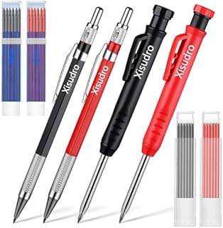 Mechanical Carpenter Pencils Set with 40 Pcs Refills, Woodworking Scriber Tool, 4 Pcs Colorful Deep Hole Pencils Marker Marking Tool with Built-in Sharpener, Great for Construction Drafting Architect