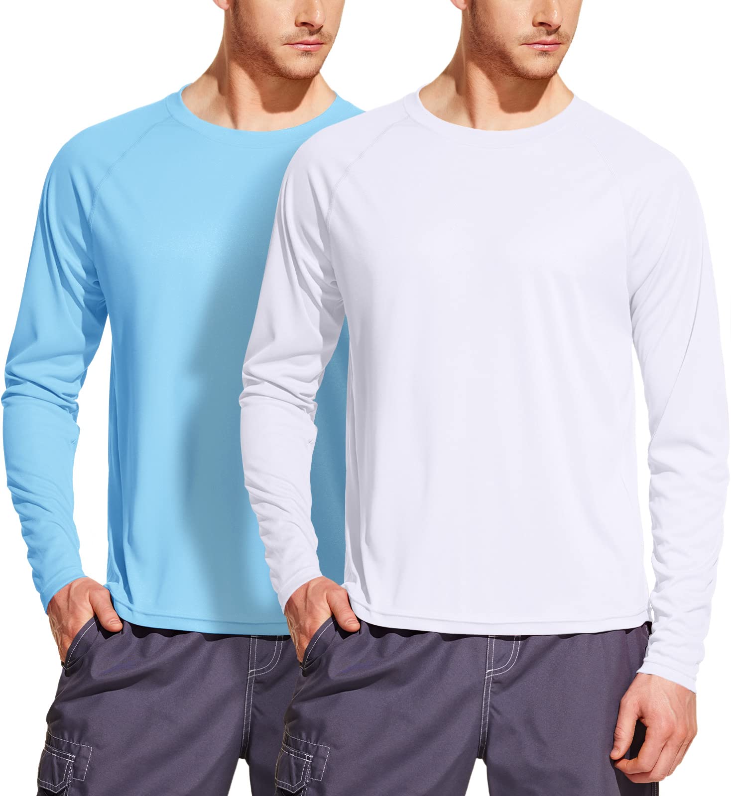 ATHLIOATHLIO 2 Pack Men's Rashguard Swim Shirts, UPF 50+ Long Sleeve Loose-Fit Shirts, Cool Dry UV Protection Water T-Shirts