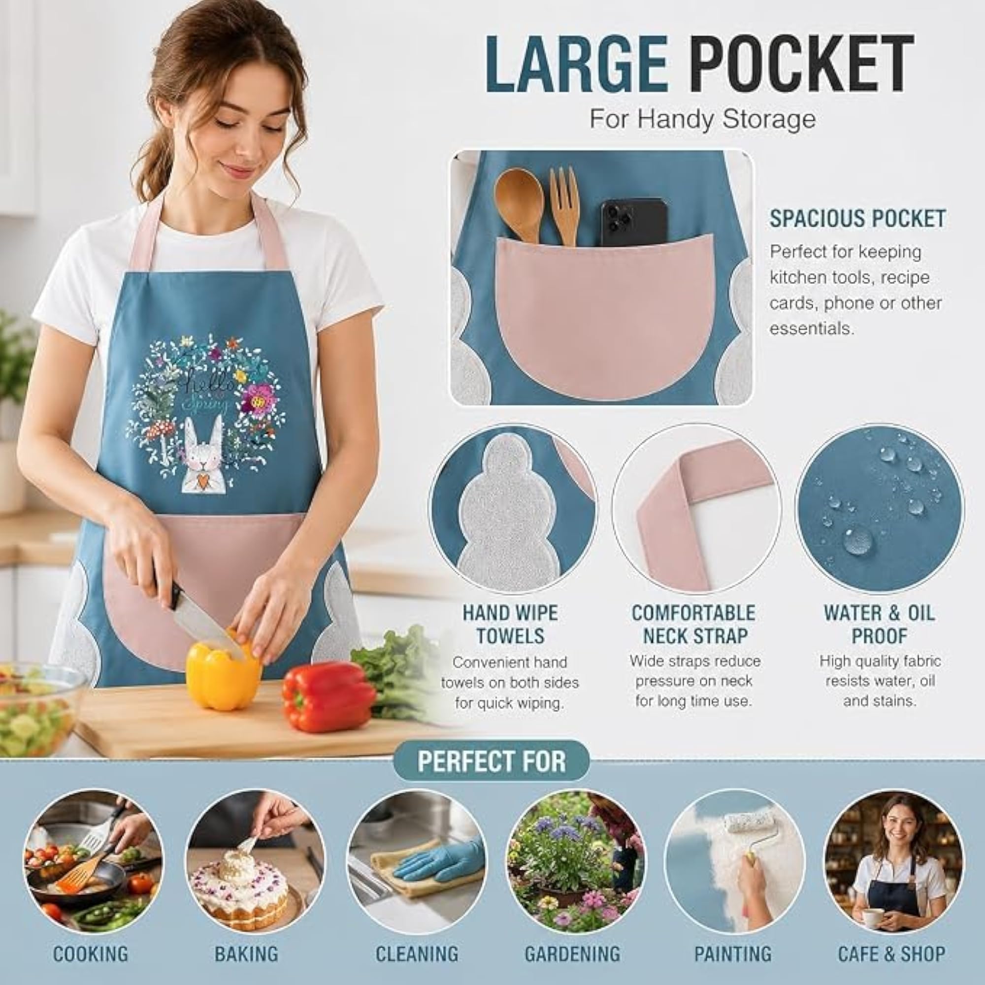 Waterproof Kitchen Apron with Hand Wipe Towels and Large Pocket