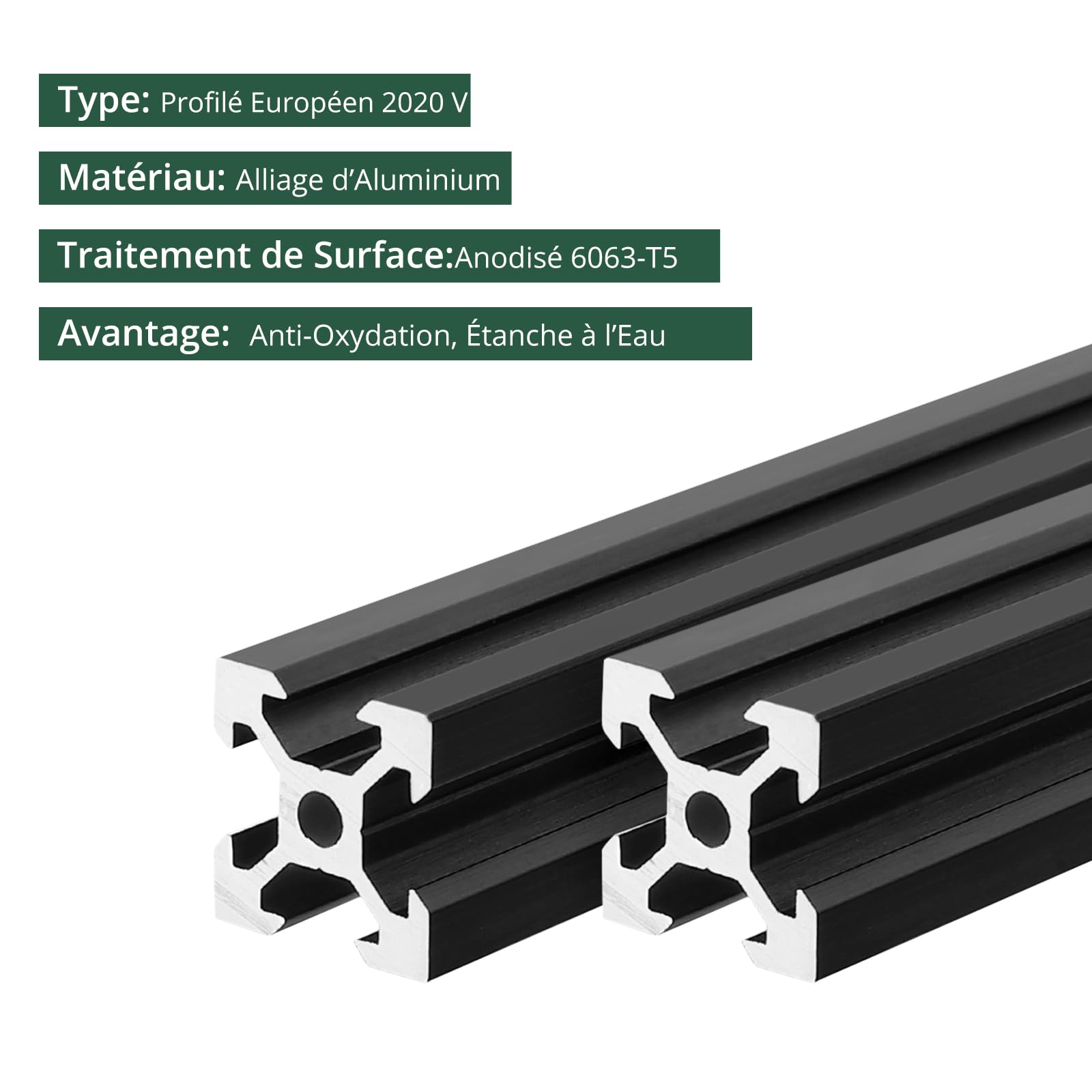 JiGiU Lot de 9 Profilés en Aluminium 2020 Type V 1000 mm | Rail Linéaire Anodisé Norme Européenne, Profilés d'Extrusion, pour Imprimante 3D CNC et DIY, Noir