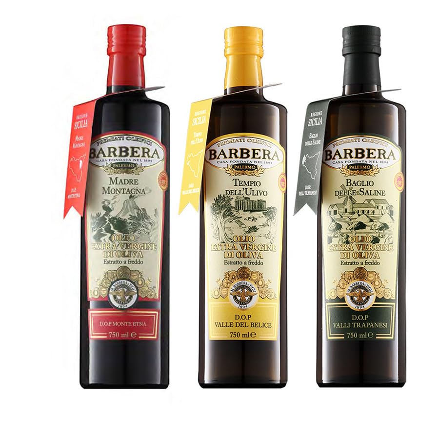 Selección de aceite de oliva virgen extra DOP Barbera Baglio delle Saline, Tempo dell'Olivo e Madre Montaña 750 ml x 3