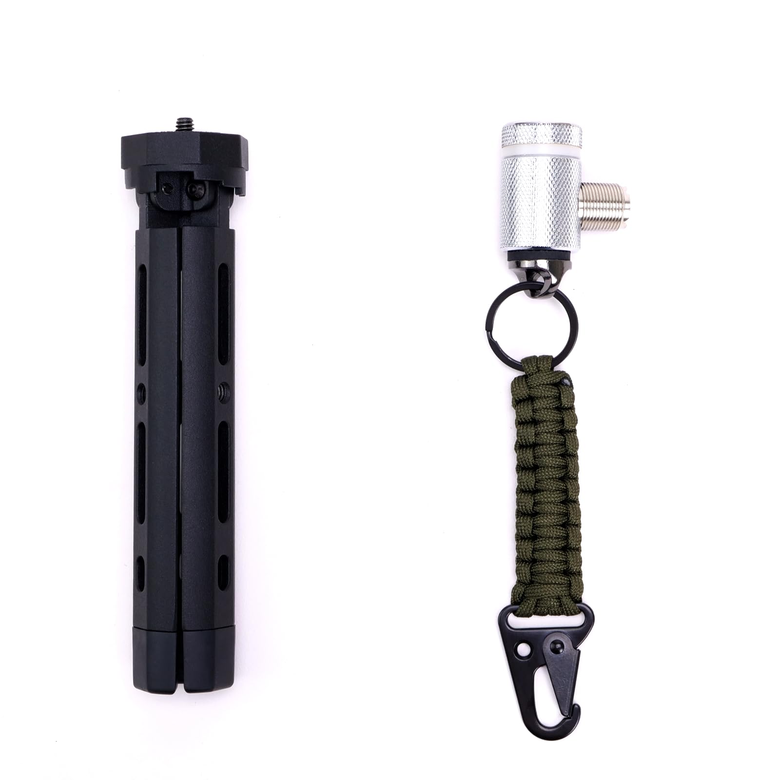 GRA-ULTmini - Mini treppiede con adattatore GRA-AD35L tipo L 3/8-24 a SO-239 (UHF), argento + connettore fotocamera 1/4-20, portachiavi Paracord per antenna radio Ham