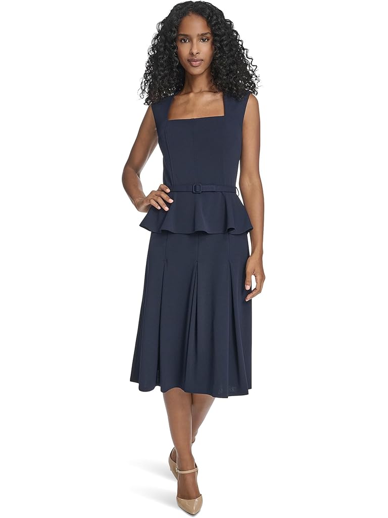 Blue Calvin Klein Short Sleeve Scuba Crepe Belted Peplum Aline