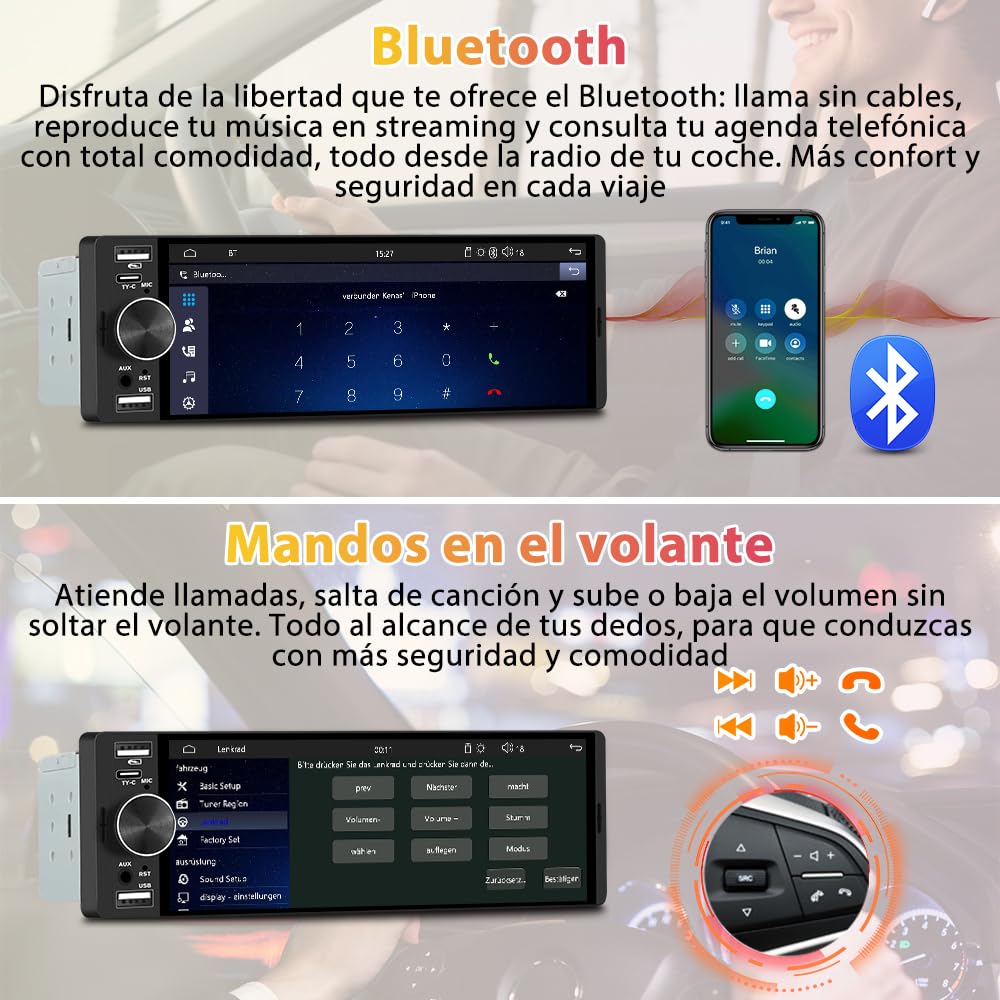 Junsun Radio Coche Universal 1 DIN con 6.36 Pulgadas Pantalla Táctil, con CarPlay/AndroidAuto/Admite