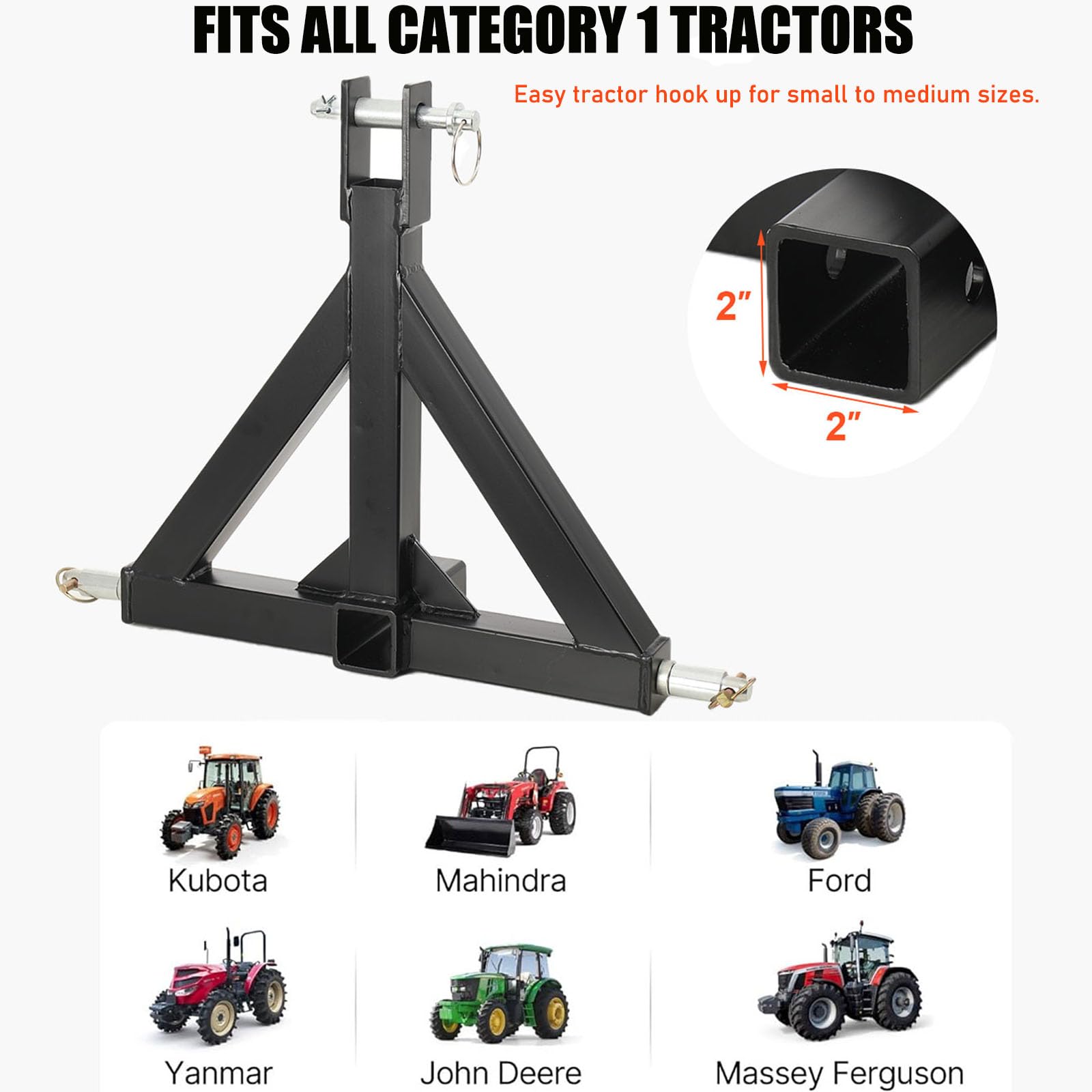 Gancio di Traino a 3 Punti con Ricevitore da 2" Adattatore a Tre Punti per Trattore, Categoria 1, per Rimorchi e Attrezzature Agricole