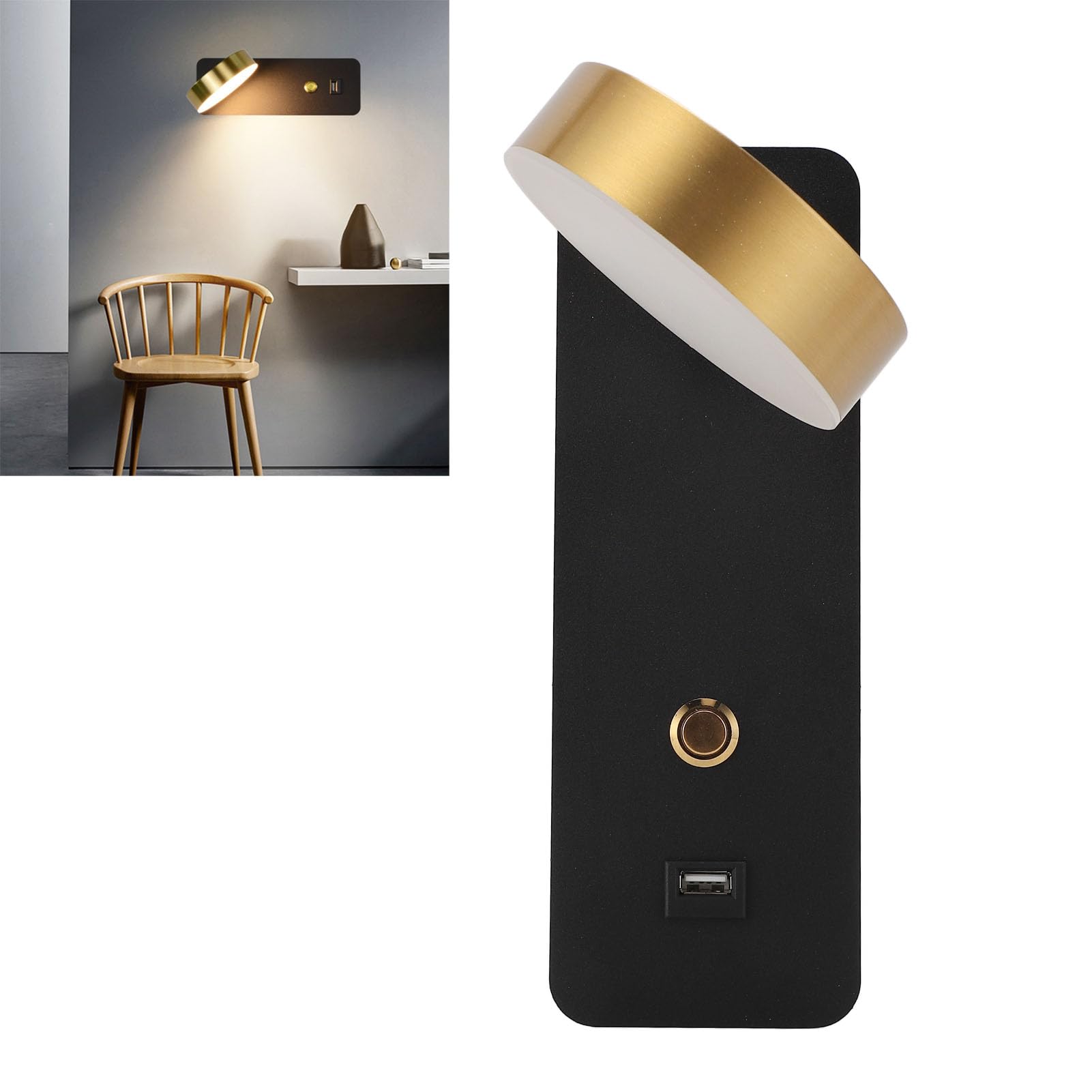 Lampy ścienne LED, Obrotowe Metalowe Kinkiety ścienne, 3 Temperatury Barwowe i Port ładowania USB, Nowoczesny Kinkiet Podłączony na Stałe do Sypialni do Czytania Przy łóżku
