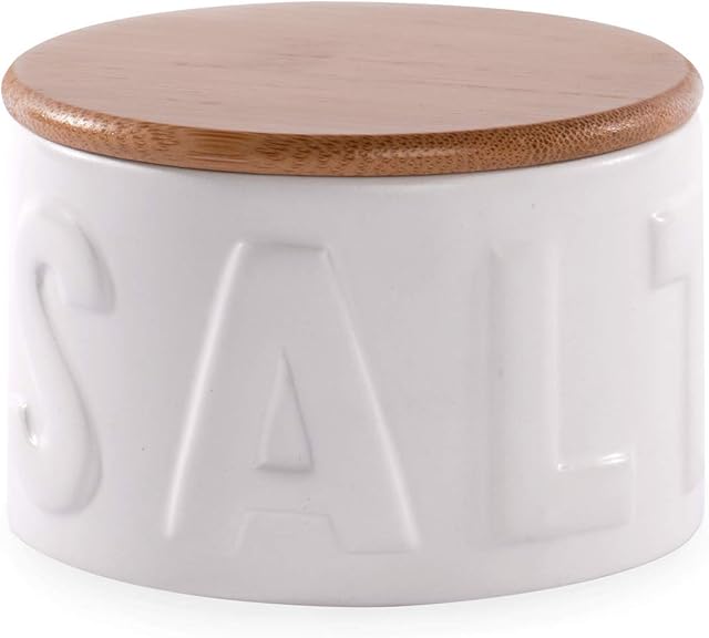 Salt Pig with Bamboo Lid | Salt, Sugar, Herbs & Spices Kitchen Storage Container | Natural Removable Bamboo Lid | White | M&W