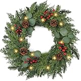 Christmas Wreath with Lights 24 Inch Real Touch Pine Wreath with Red Berries/Pine Cone Prelit Christmas Wreaths for Front Door Outdoor Christmas Decorations Winter Wreath for Windows Indoor Holiday