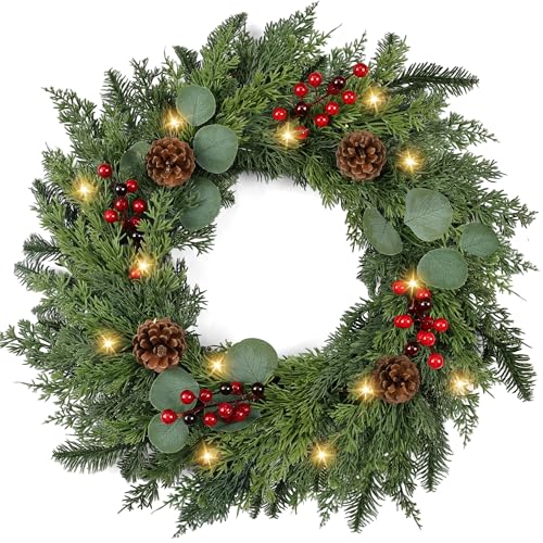 Christmas Wreath with Lights 24 Inch Real Touch Pine Wreath with Red Berries/Pine Cone Prelit Christmas Wreaths for Front Door Outdoor Christmas Decorations Winter Wreath for Windows Indoor Holiday