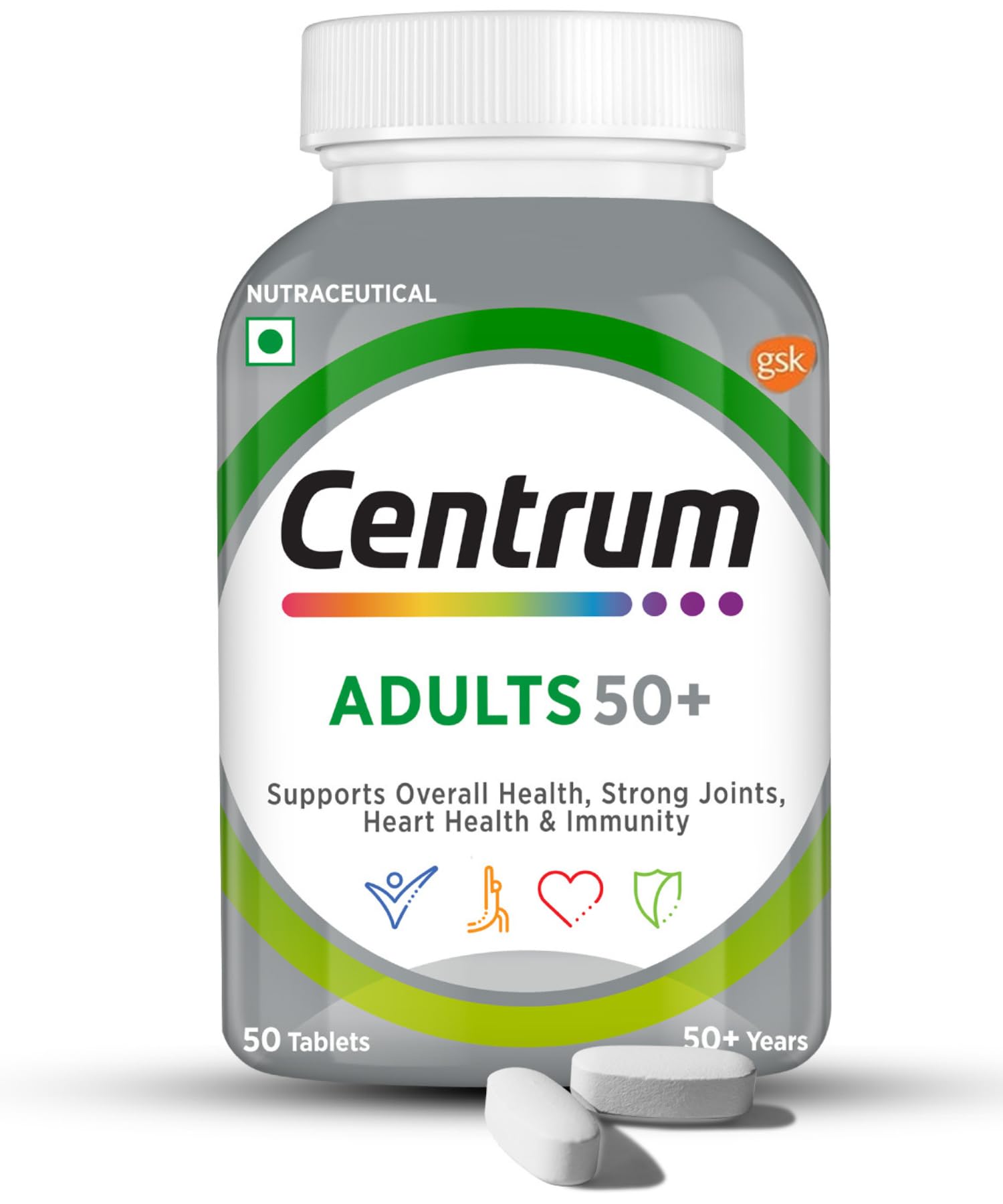 Centrum Adults 50+ Multivitamin Tablet for Men & Women|With 23 Vital Nutrients including Zinc,Magnesium, Vitamin B,C,D, Calcium for Energy, Strong Joints, Immunity and Heart Health|Veg - 50 tablets