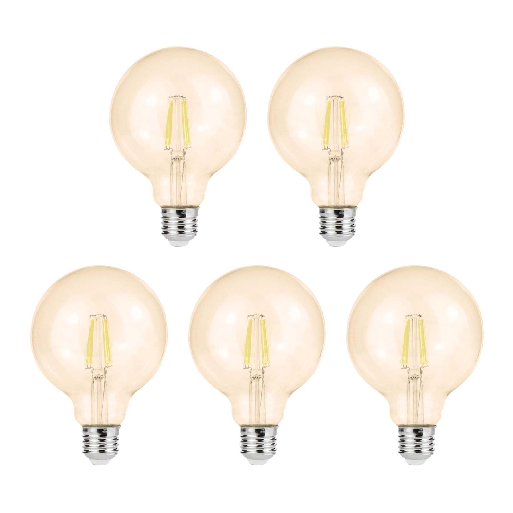 G.W.Sยฎ LED Filament Bulb, G95 E27 Edison Screw, LED Globe Bulb, 8W Dimmable Warm White 2700K, Amber Glass, Pack of 5