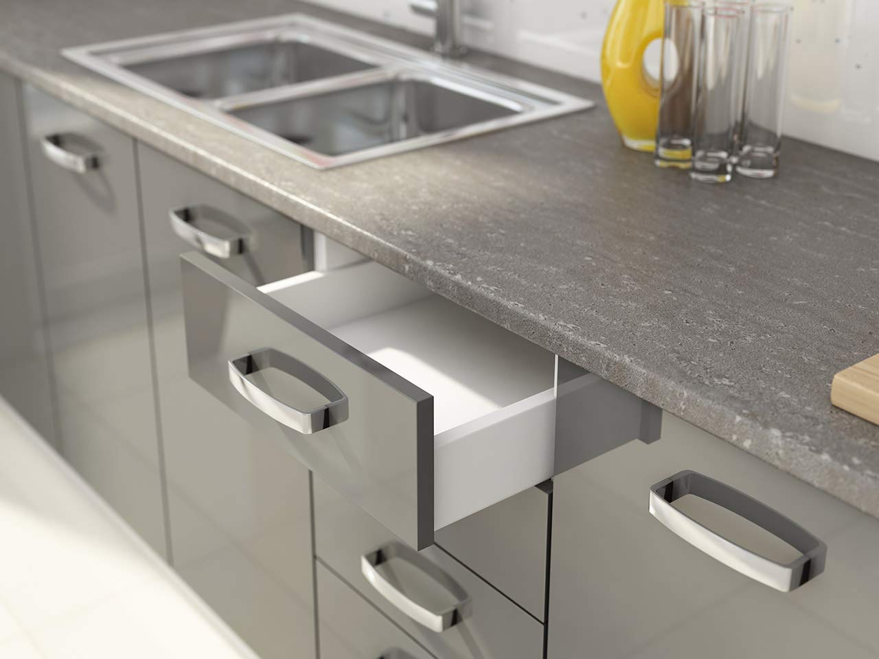 Mirjan24 Küche Multiline II, 180 cm Küchenblock/Küchenzeile mit Arbeitsplatte und Spülbecken, 5 Schrank-Module frei kombinierbar (Grau/Weiß Hochglanz; mit LED Beleuchtung)