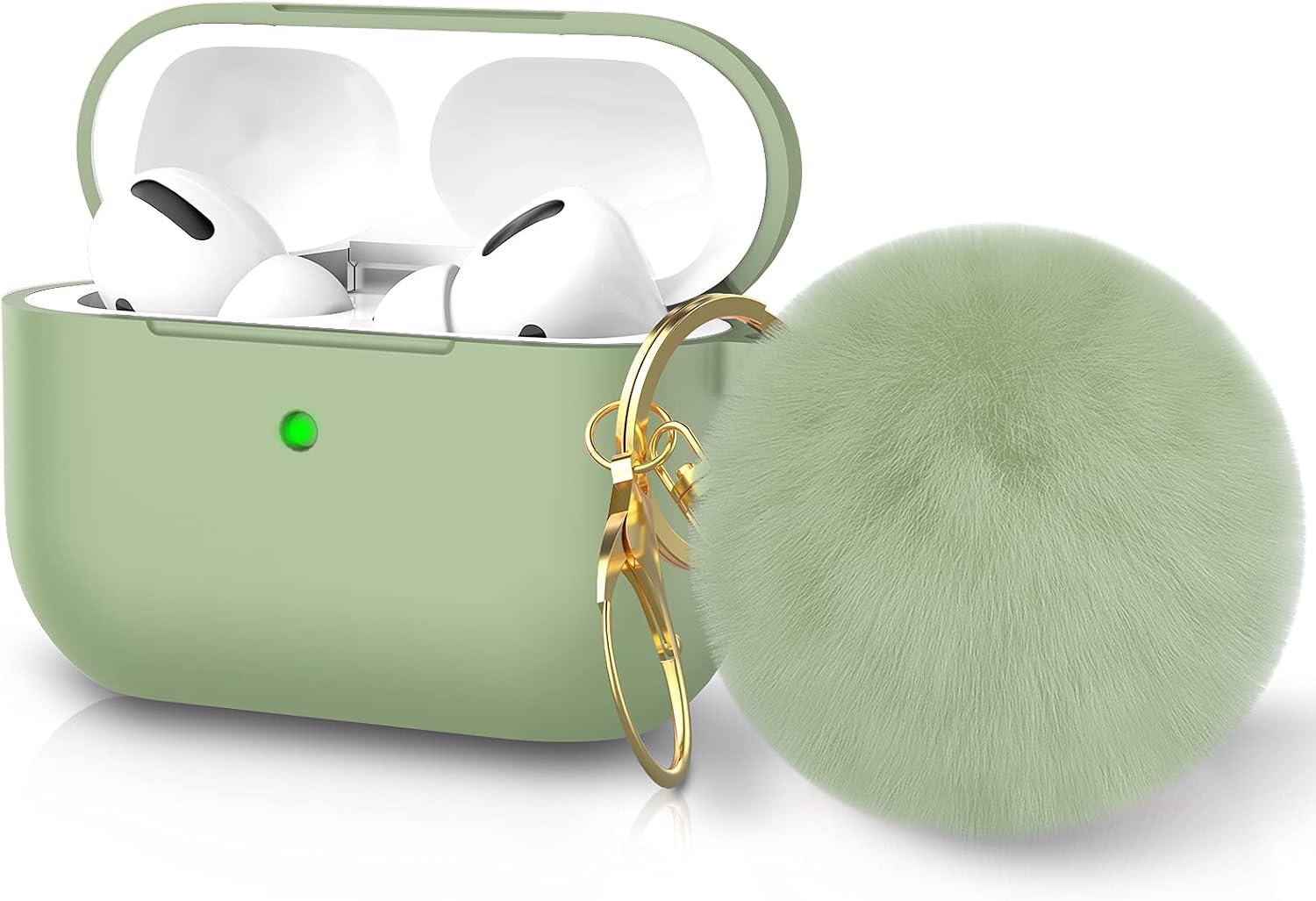 BRG for Airpods Pro Case Cover, Soft Silicone Case Cover with Cute Pom Pom Fur Ball Keychain for Women Girls [Front LED Visible] Mint Green