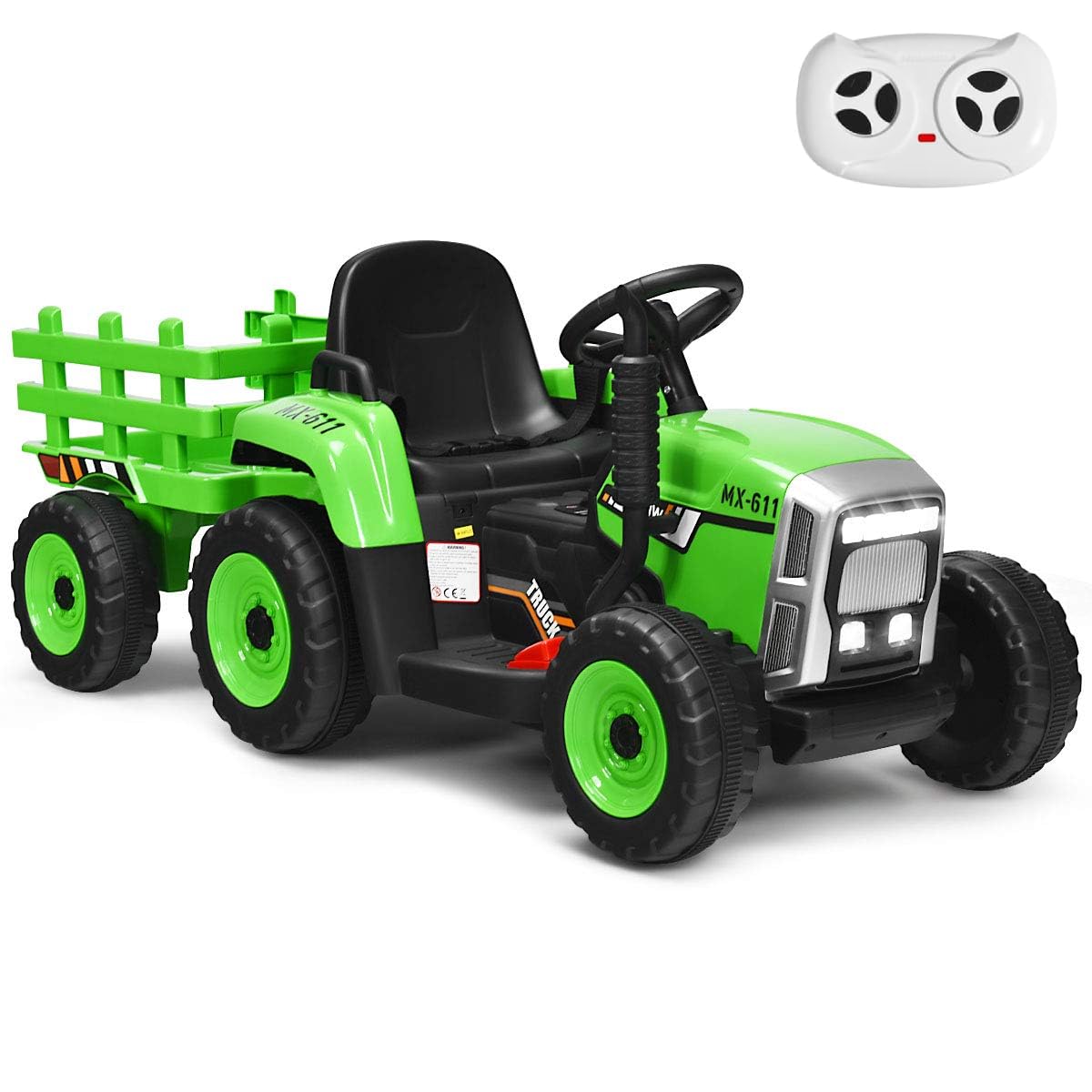 GYMAX Kids Electric Tractor with Detachable Trailer, LED Lights, Music, Horn, USB & Bluetooth, 12V Battery Powered Ride on Car for 3 Years Old + Boys Girls (Green)