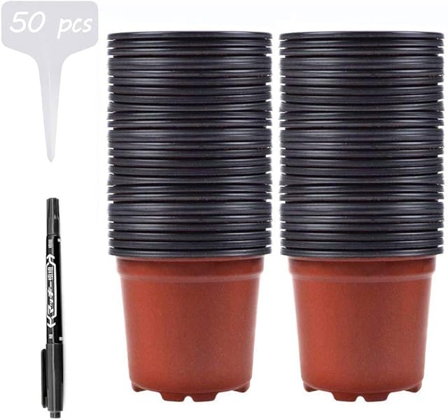 Abimars 50 PCS Plastic Plant/Flower Pots 10 CM Seed Tray Flower Seedling Nursery Pots and 50 PCS Plants Tags & Marker pen for Gardener