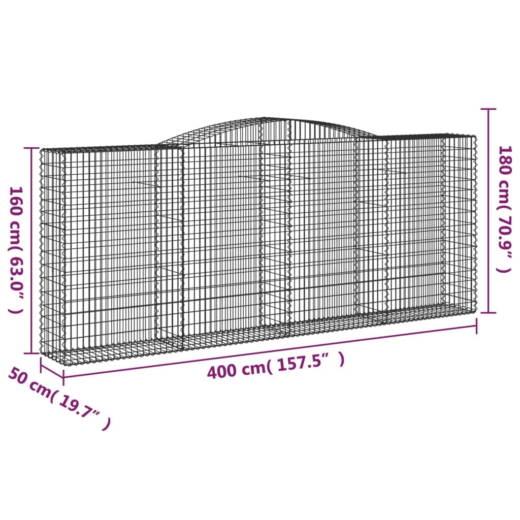 Gabbioni con arco alto, 5 pezzi, 400 x 50 x 160/180 cm, cesti in ferro zincato
