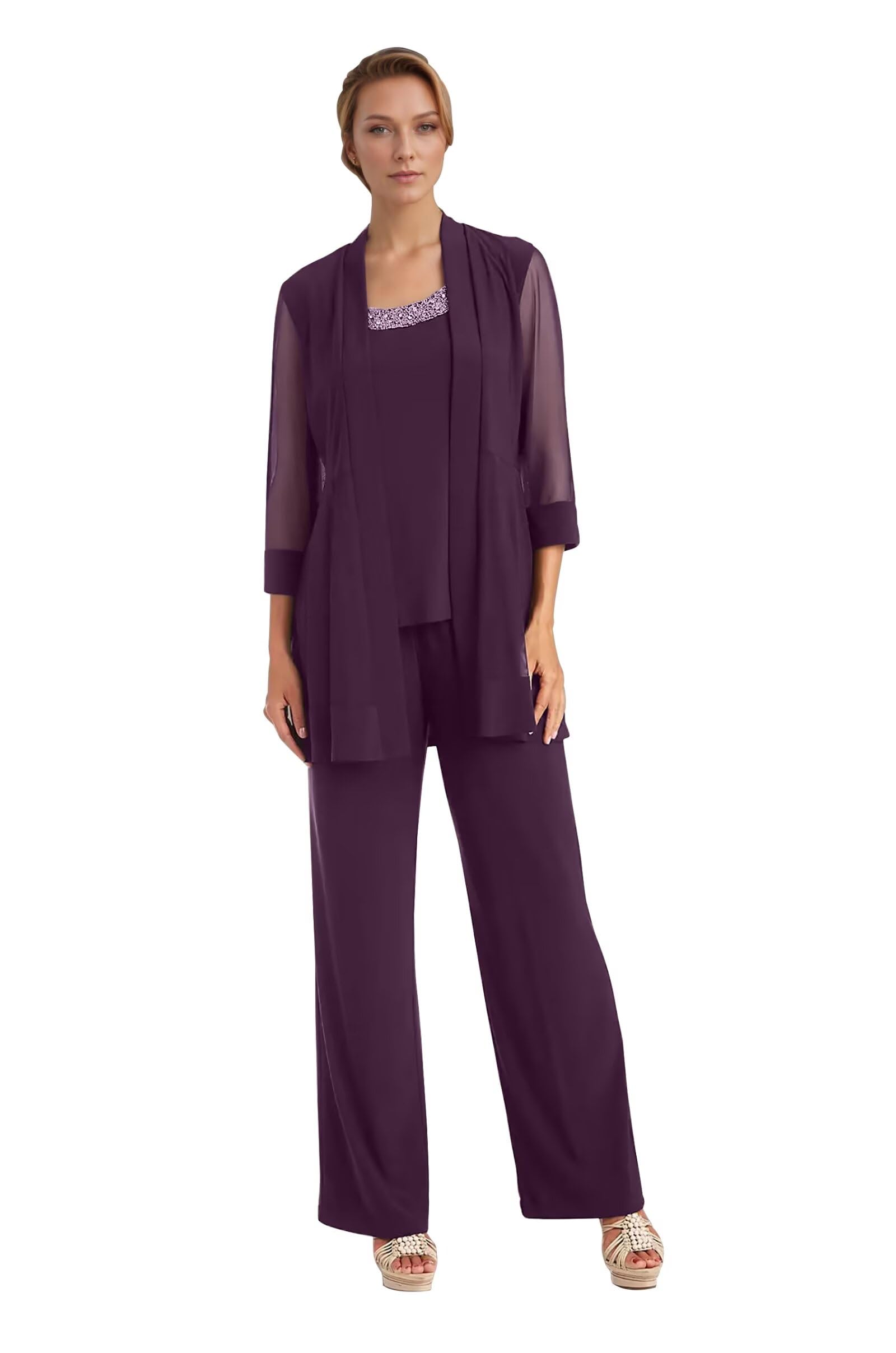 Chiffon Sets 3 Pieces for Women 3 4 Sleeve Mother of The Bride Pant Suits Dressy Formal Evening