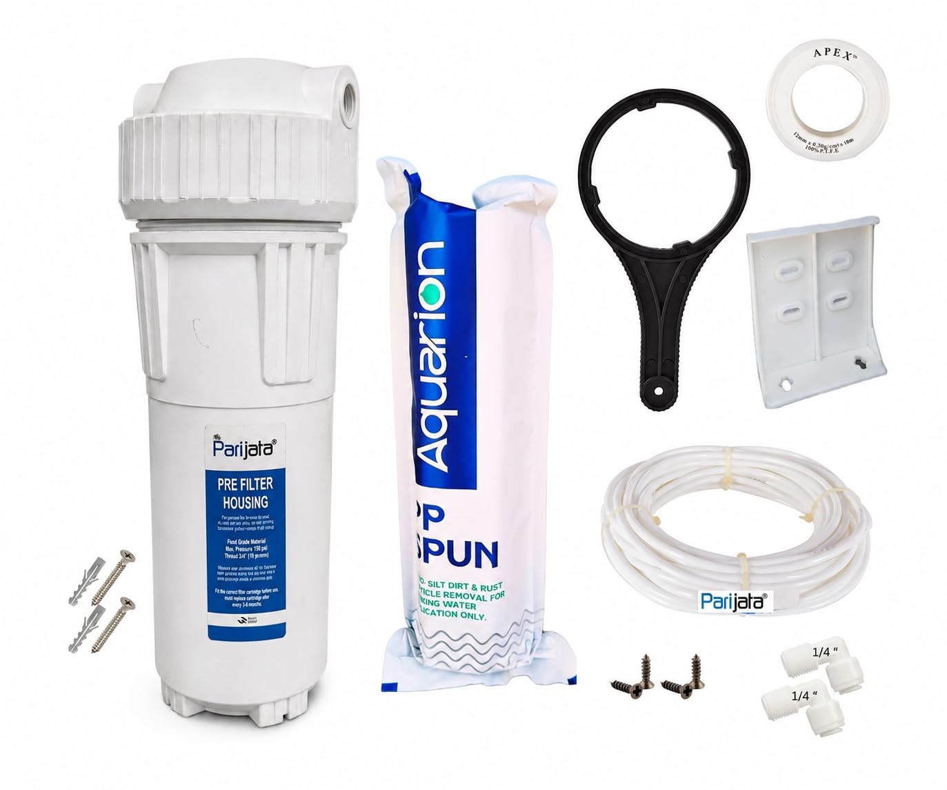 Parijata 10 inch Heavy Quality White Pre-Filter Housing with Spun PP Filter, Clamp & Elbow Connector 1/4 inch for ro Water Purifier, 5 Micron Sediment Filter (White Prefilter+Spun Filter 128gm)-image-3