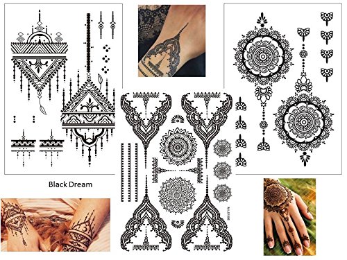 Preisvergleich Produktbild 3 Bögen temporäre Henna Tattoos - Set Black Dream