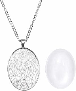 Julie Wang 10 Sets Silver Color Oval Bezel Pendant Kit with Glass Cabochon Iron Chain for Necklace Jewelry Making 40x30mm