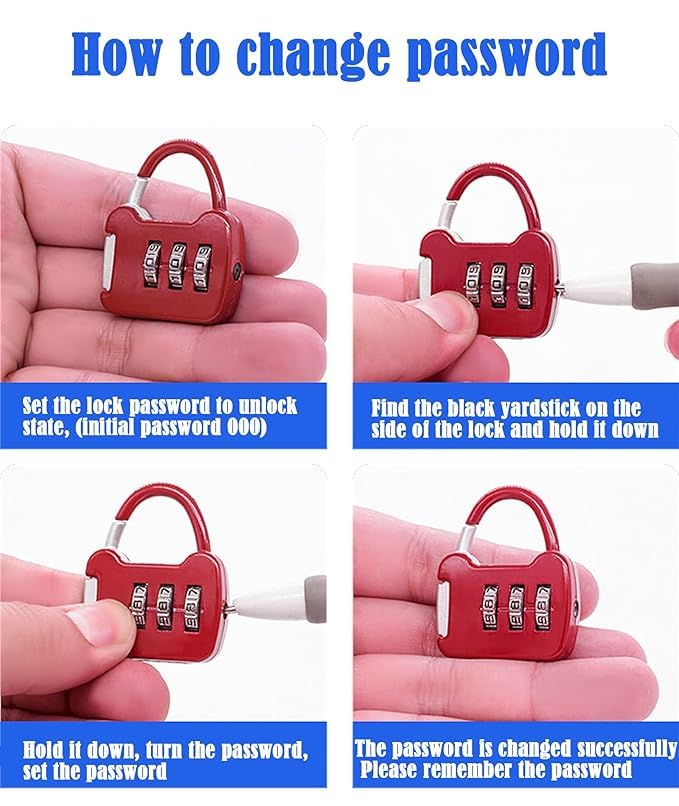 Image of QUIRA 3-Digit Combination Padlock,Security Lock, Resettable Code for Gym Lockers and Luggage (Red)