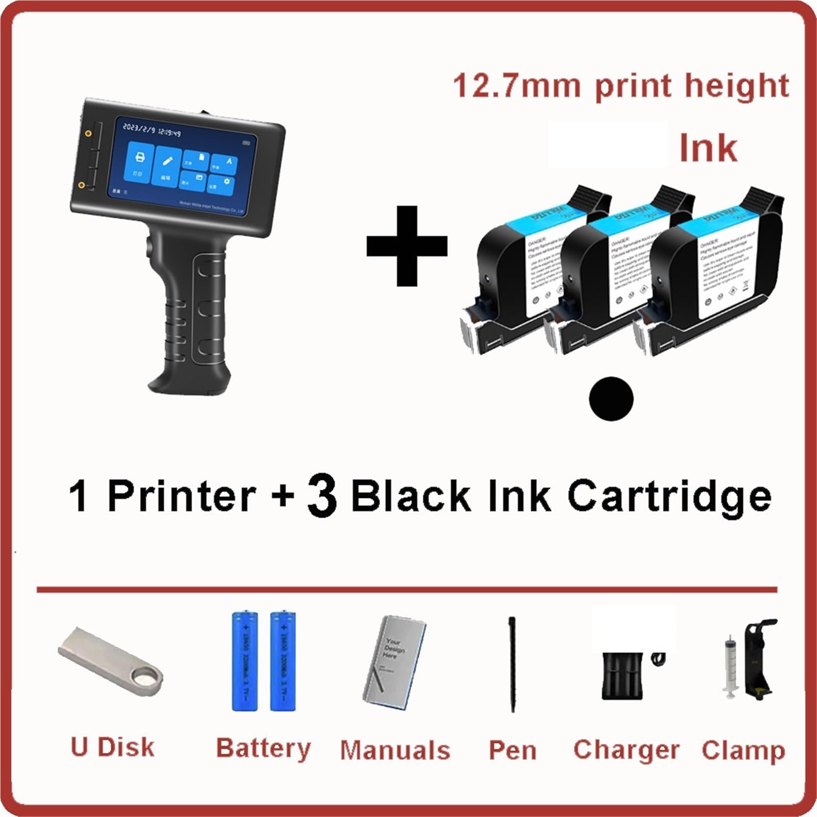 Stampante for etichette da 12,7 mm, stampante a getto d'inchiostro portatile, codice QR a barre, codice di, numero di data, data di scadenza, macchina for la codifica del vetro(Printer with 3 Ink)
