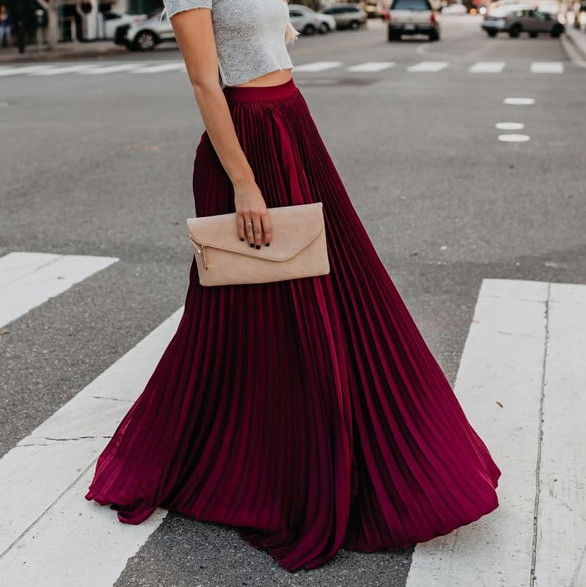 Women's Elegant Pleated Accordion High Elastic Waist Flowy Swing A-Line Maxi Skirts2