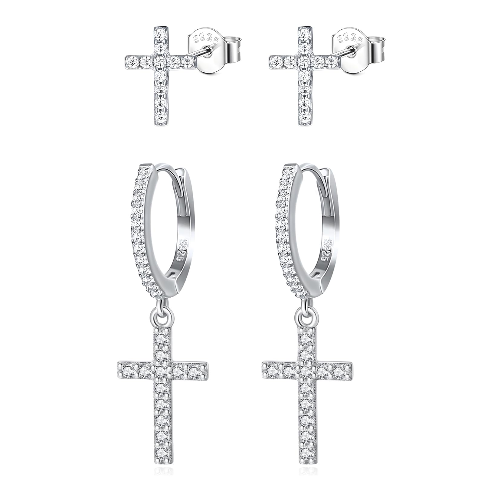 Orecchini A Croce In Argento Sterling 925 FINREZIO - Con Cristalli Austrian, Pendenti Huggie Per Donna/Uomo - Foto 11