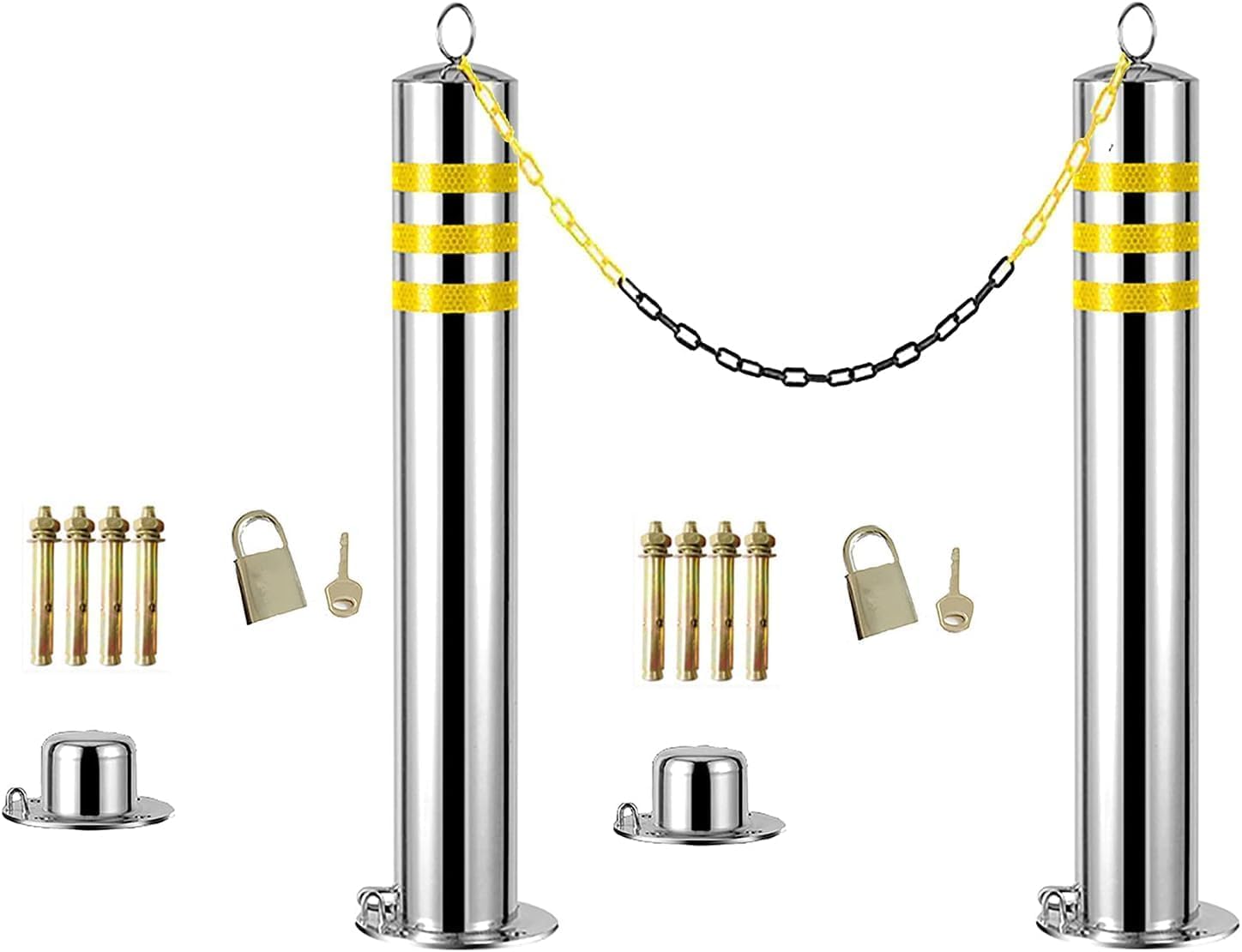 WOTZOV Parking Bollards, Parking Barriers Parking Barrier Pack Of 2 Reflective Parking Bollards Stainless Steel Parking Post,800x76mm/31.5x3in