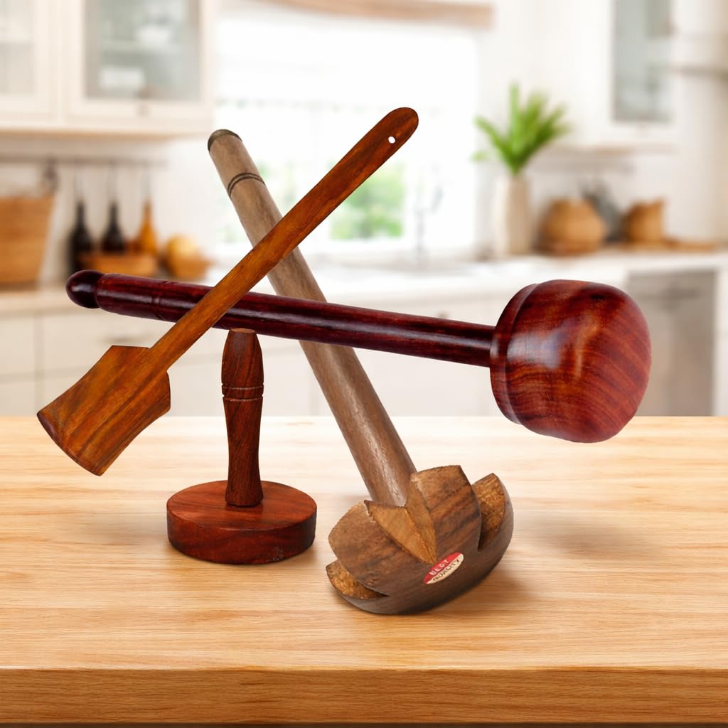 Set of 4 Wooden Cooking Spoon Wooden Special Masher/Dal/Lassi Ghotni (15x3.5 in), Wooden Special Hand Masher/Dal/Lassi Ghotni 13x3 in) (Only Massager Manufacturering)