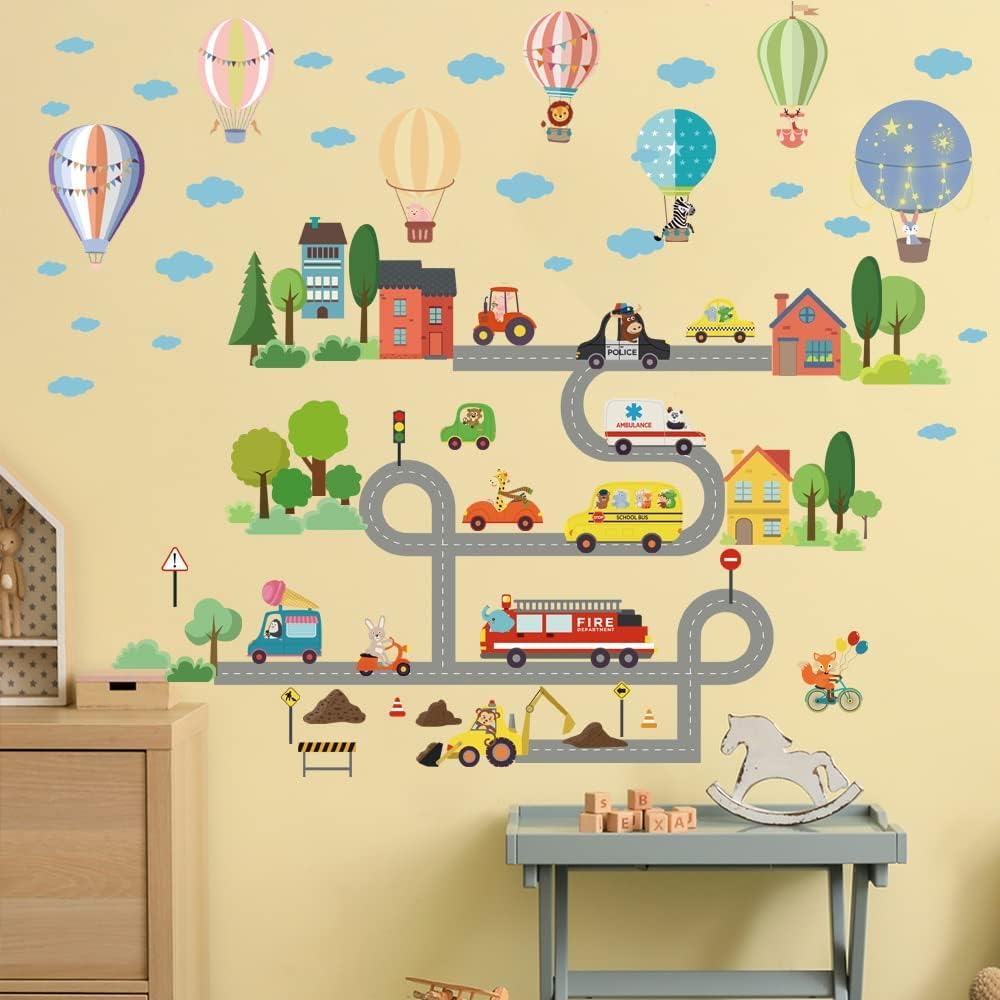Tanlaby Car Road Wall Stickers City Transportation Wall Decal Hot Air Balloon Vehicles Wall Sticker for Kids Baby Nursery Bedroom Playroom Living Room Classroom Wall Decor - Image 2