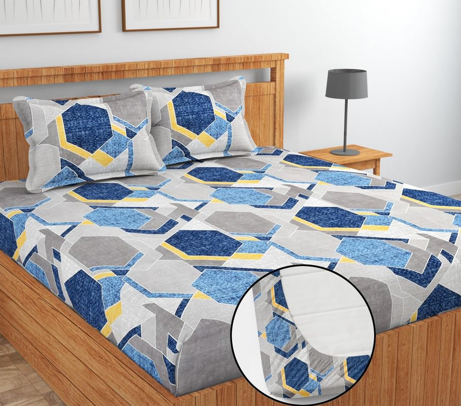 Image of NHD HOME Premium Cotton Elastic Fitted Bedsheets with 2 Pillow Covers Double Bed All Around Elastic Supersoft Size - 72 x 78 +8 inches White & Blue 200 tc - 220 tc